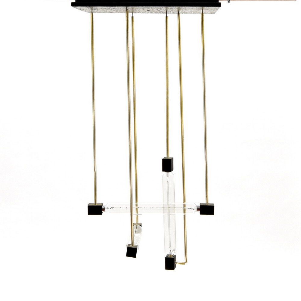 bal noot Sanders Botterweg Auctions Amsterdam > Hanglamp 'L40', zwarte houten plafondplaat  met daaronder lampen hangend aan dunne glazen buizen, ontwerp Gerrit  Rietveld 1922, uitvoering van later datum
